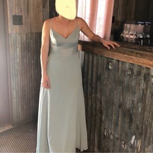 David’s Bridal dusty sage spaghetti strap crepe-back satin bridesmaid dress